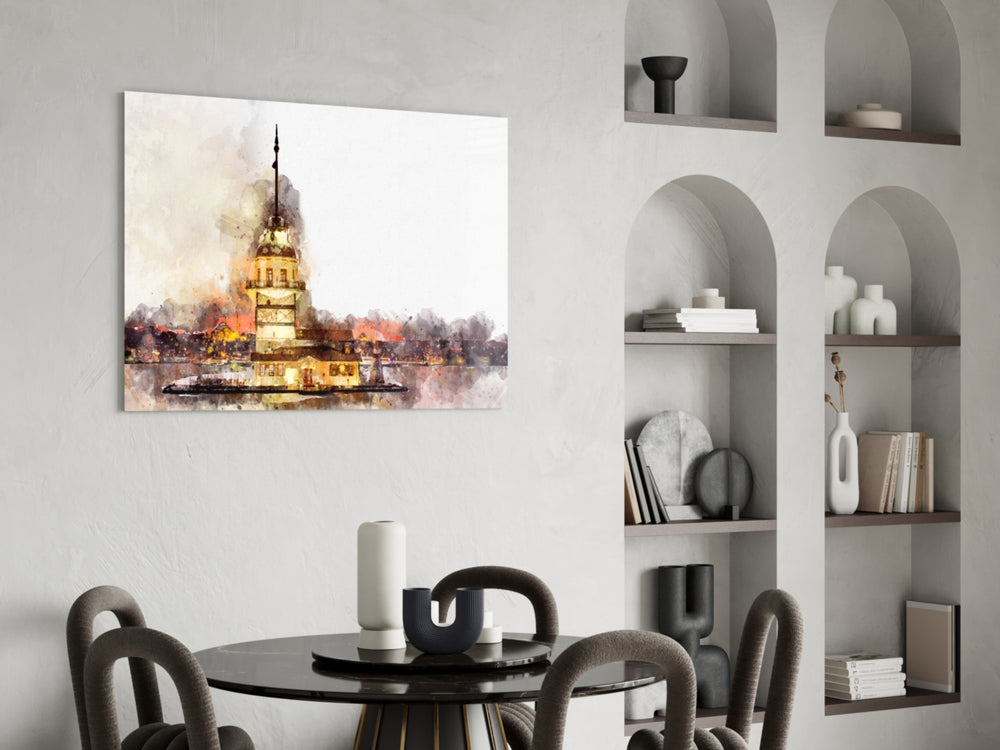 Maiden's Tower glass print enhancing a hallway with Istanbul mood