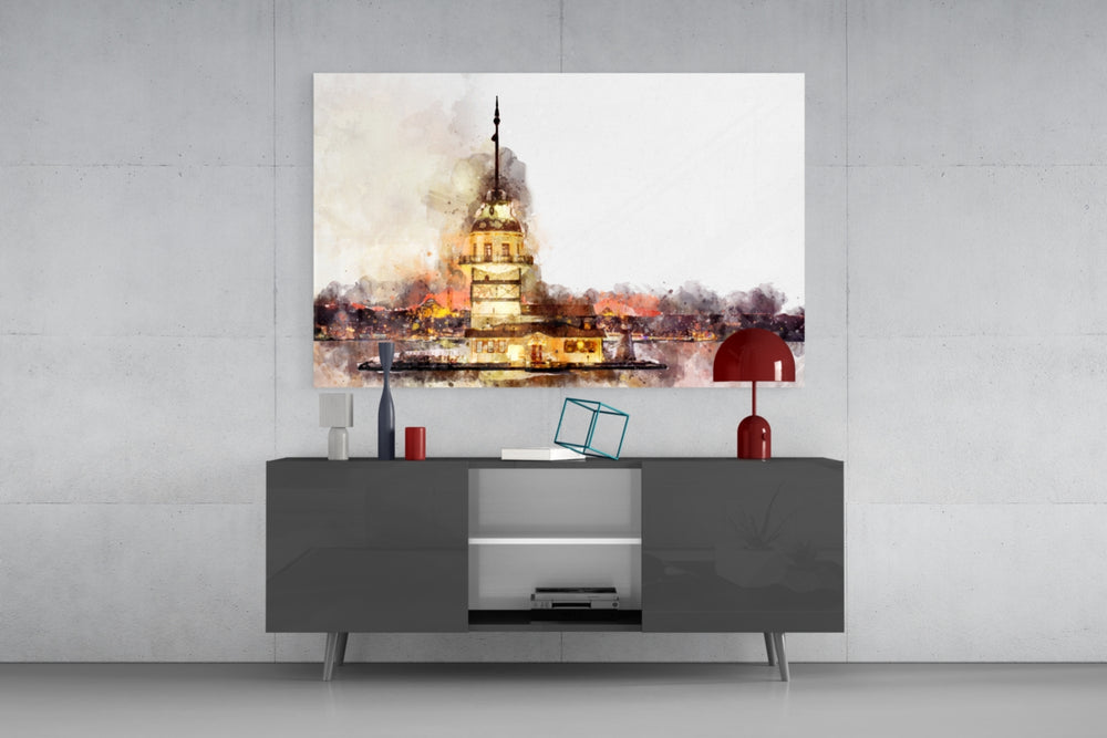 Fine art illustration – Istanbul's iconic Maiden's Tower depicted in warm watercolor brushstrokes against pale background with golden light