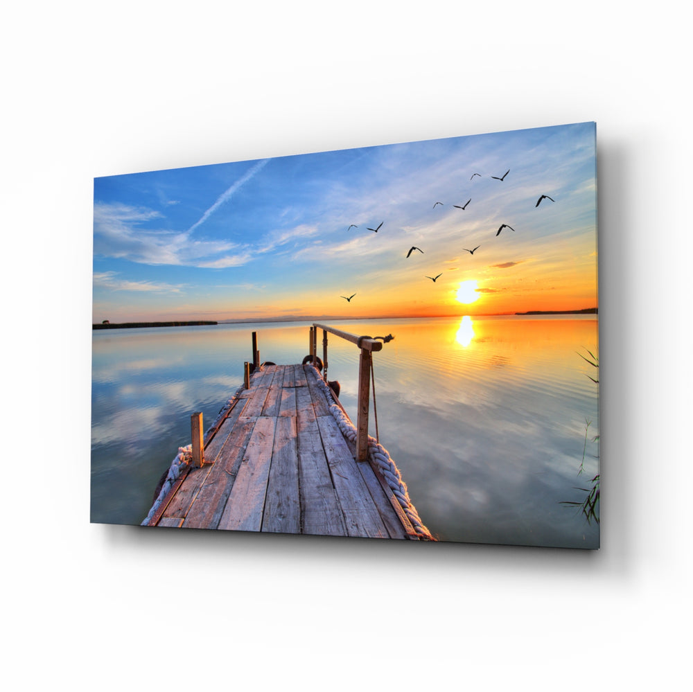 Dock with birds panel bringing hopeful calm to a contemporary living space