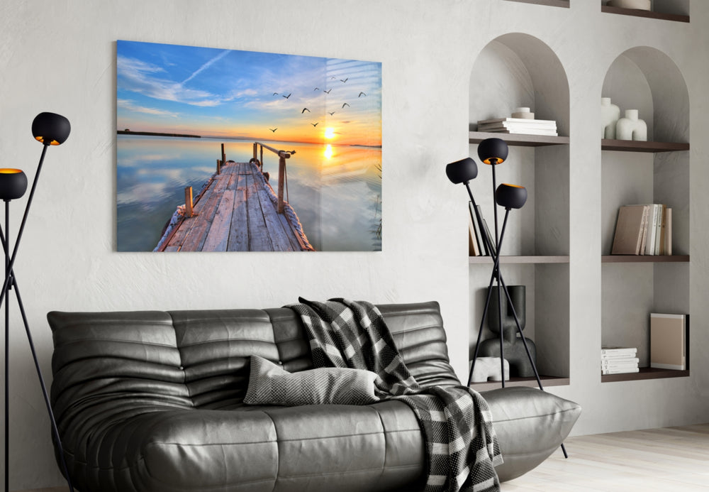 Dock panel adding sunrise warmth to an open living room