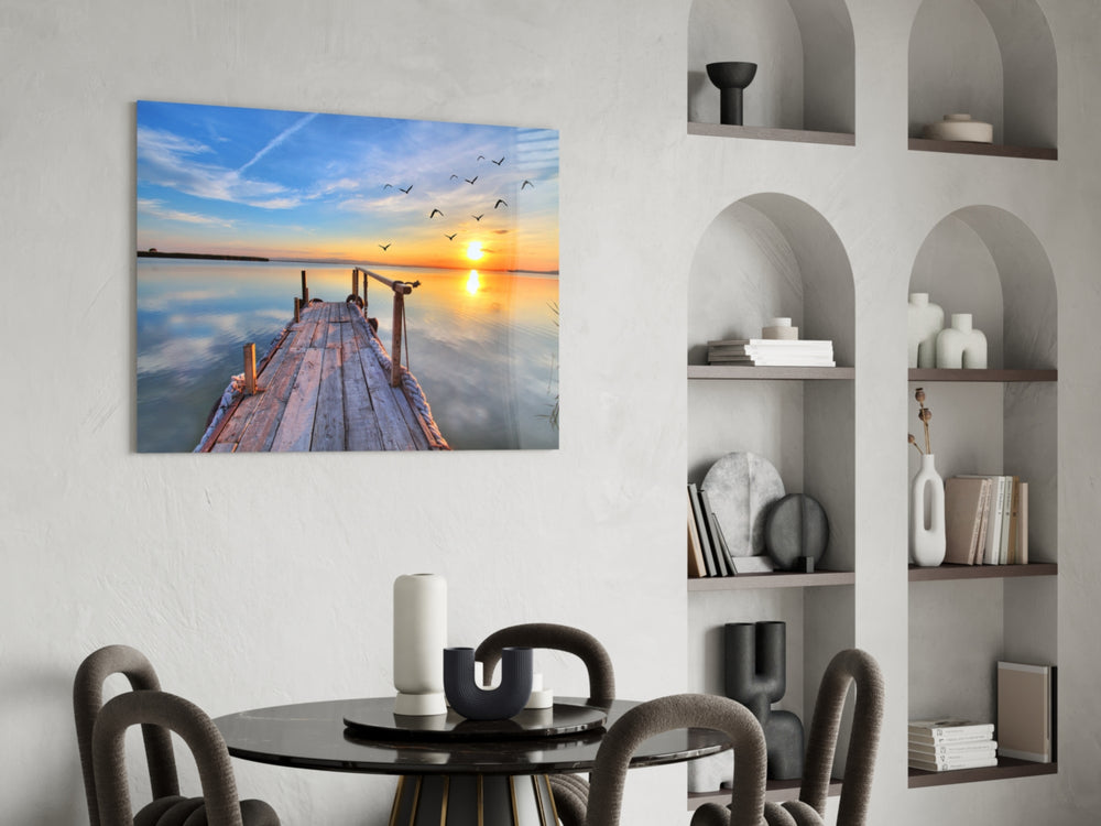 Dock glass print enhancing a hallway with peaceful horizon