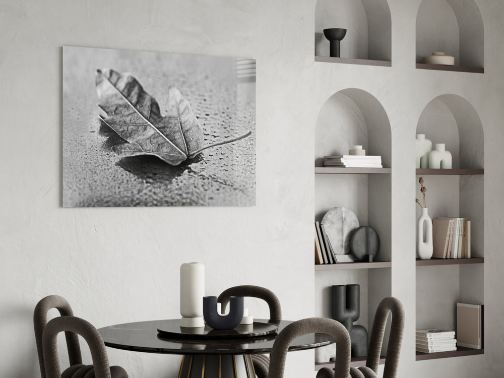 Leaf glass print adding contemplative mood to a hallway