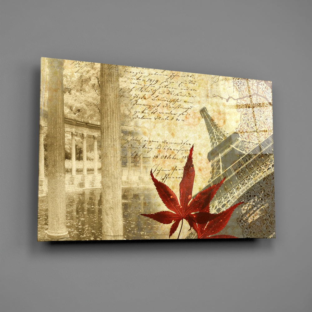 Close-up detail of the Paris collage with Eiffel Tower, script, and red leaf