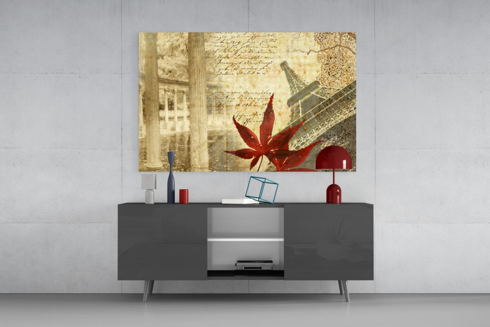 Fine art mixed media – vintage-style Eiffel Tower composition with red maple leaf, sepia tones, handwriting layers and ornamental patterns