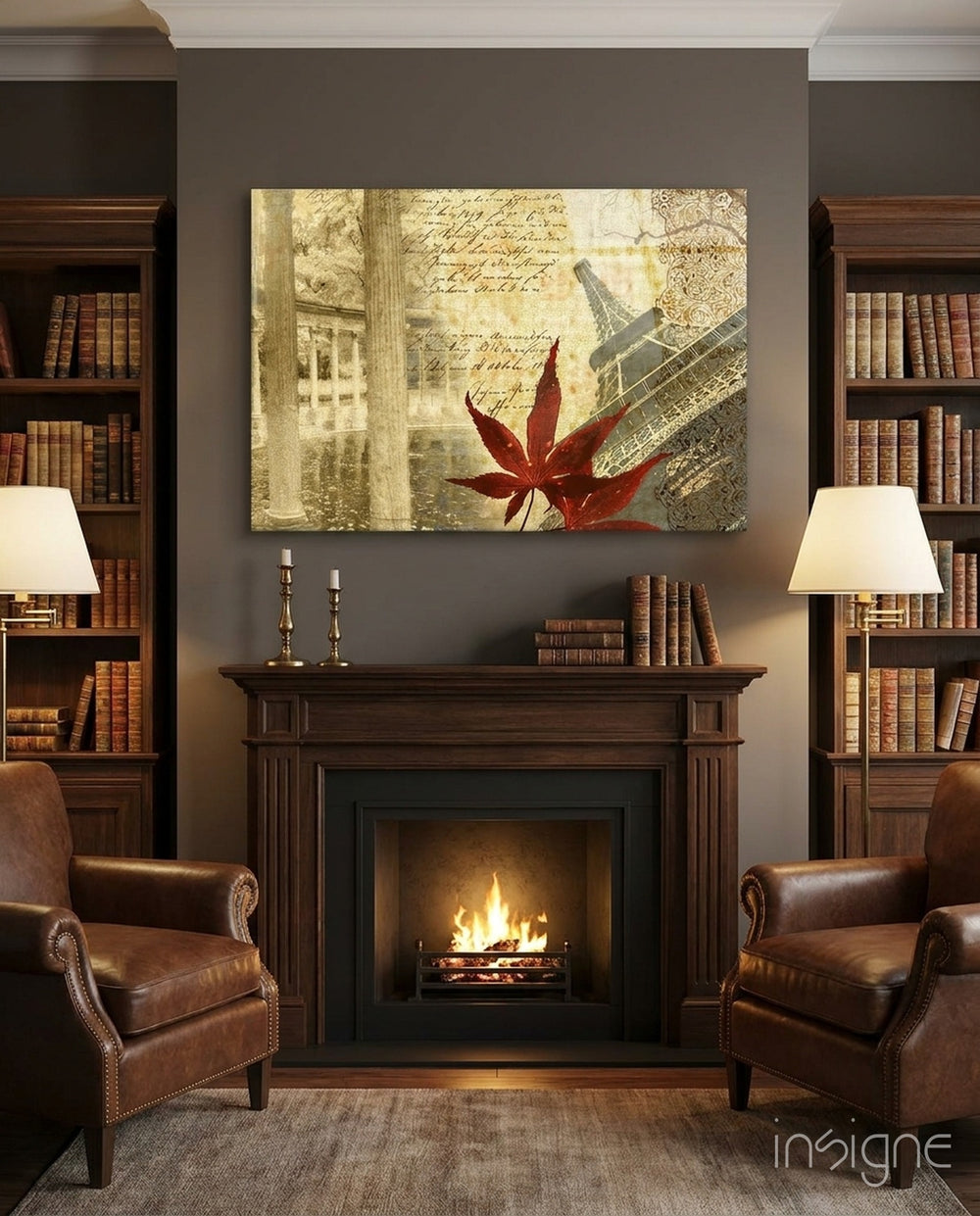 Retro Paris collage glass wall art displayed above a console in a designer interior