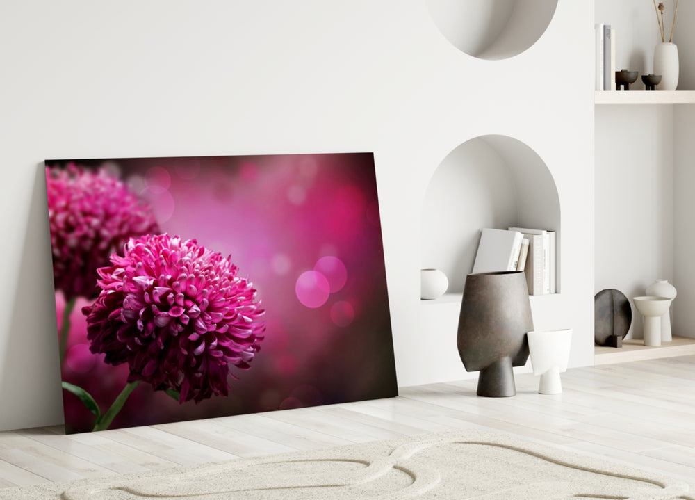 Flower glass wall art styled above a bed in a romantic bedroom