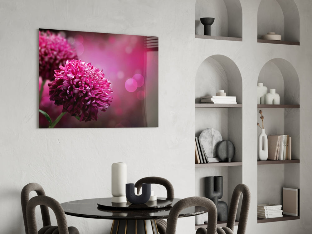 Flower glass print enhancing a hallway with magenta depth