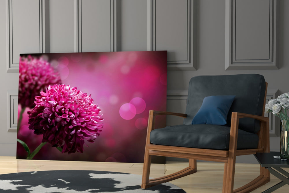 Flower artwork anchoring a reading corner with rich color