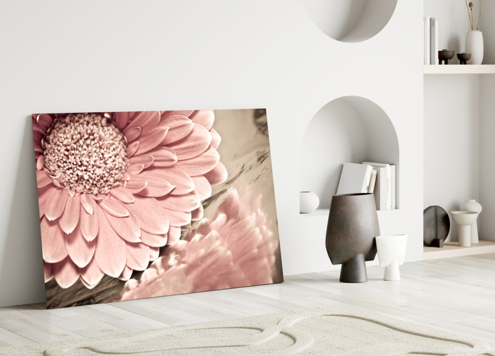Flower glass wall art styled above a bed in an old-soul bedroom