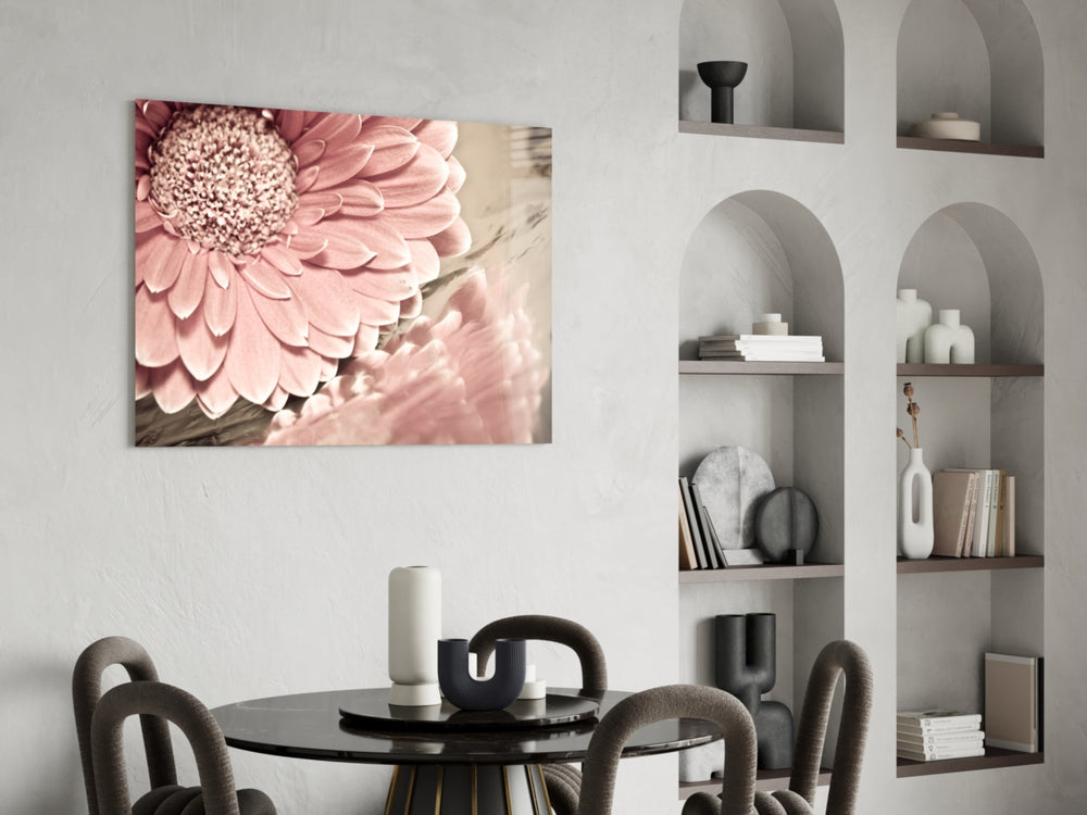 Flower glass print enhancing a hallway with aged warmth