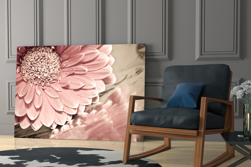 Flower artwork anchoring a reading corner with sepia mood