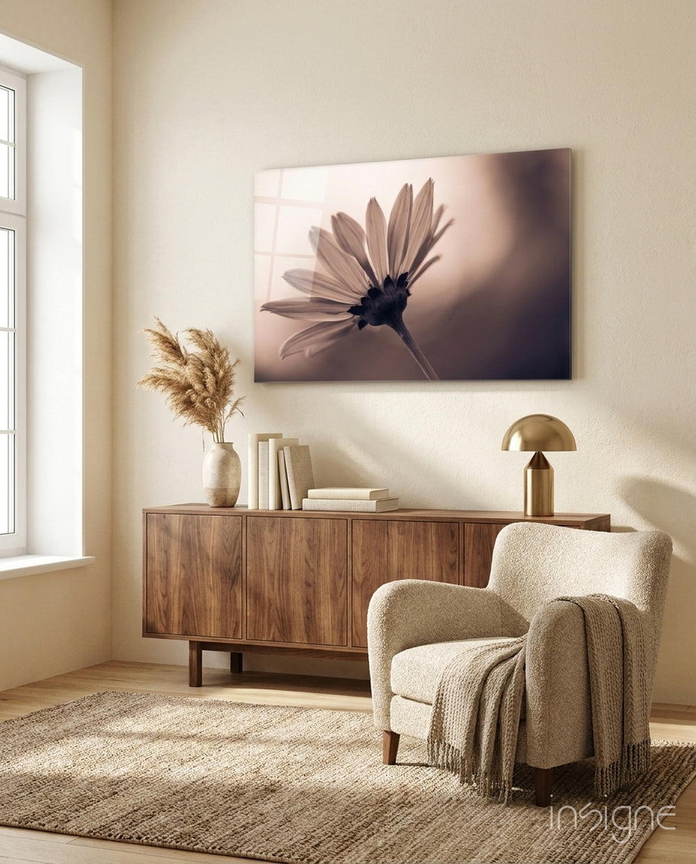 Flower minimalist daisy glass wall art displayed above a console in a designer interior