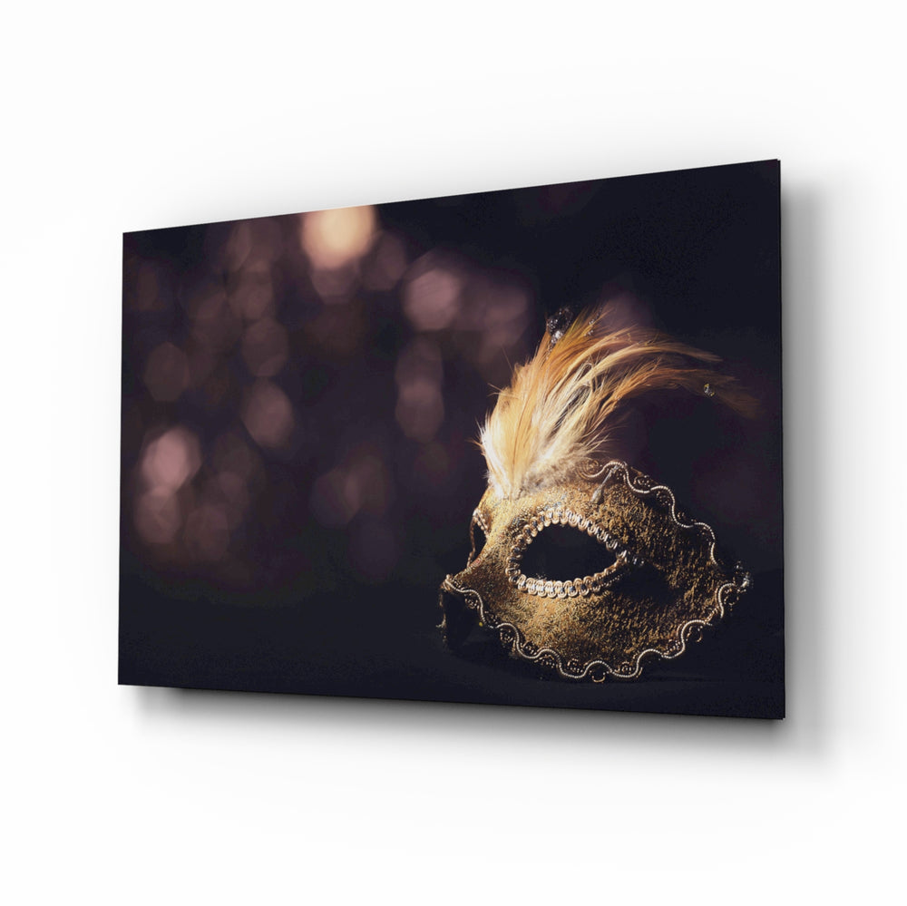 Gold Venetian mask panel bringing luxury drama to a contemporary living space