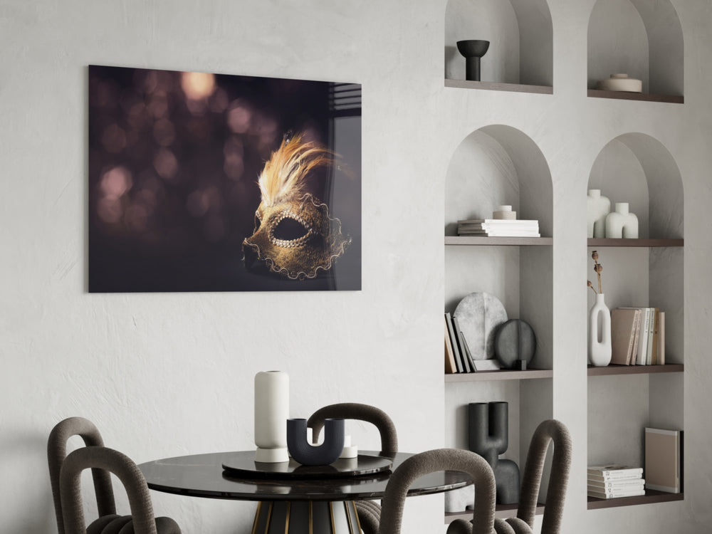 Venetian Mask glass print enhancing a bar area with gold accents