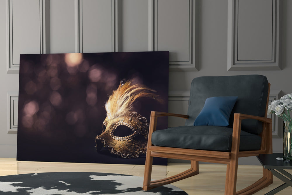 Venetian Mask artwork anchoring a glamorous living room