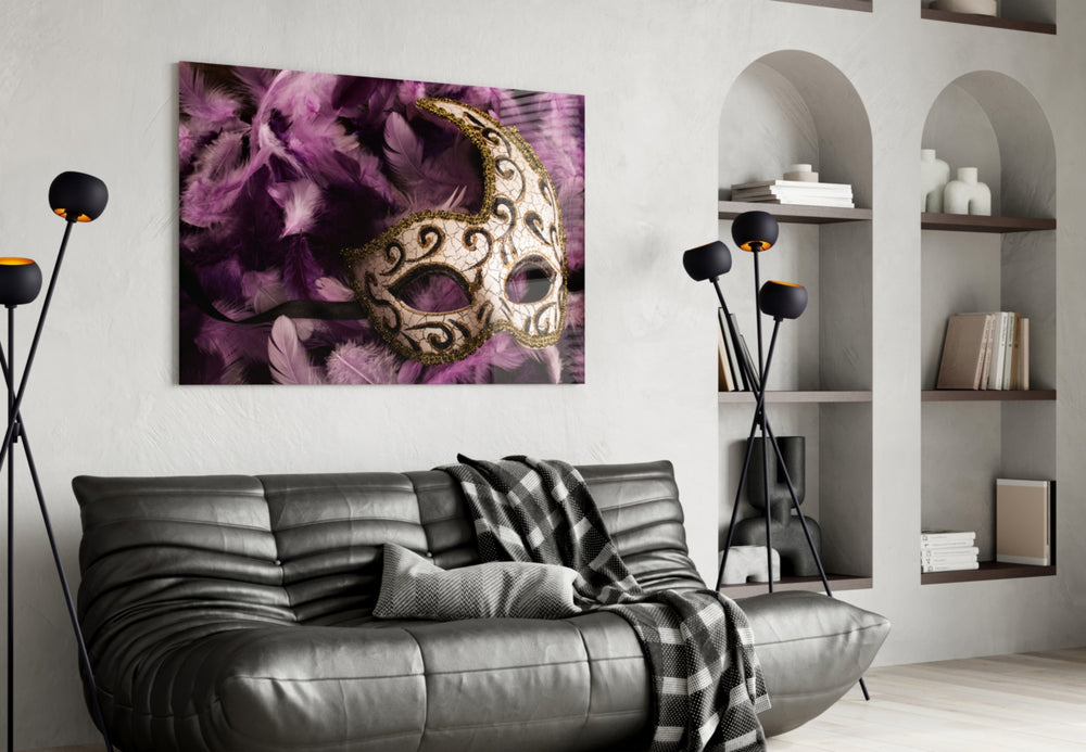 Venetian Mask panel adding theatrical color to a feminine lounge