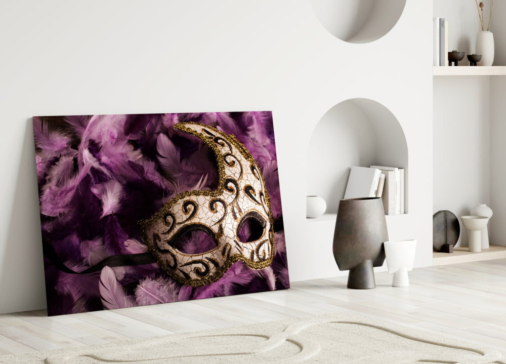 Venetian Mask glass wall art styled above a vanity in a boudoir