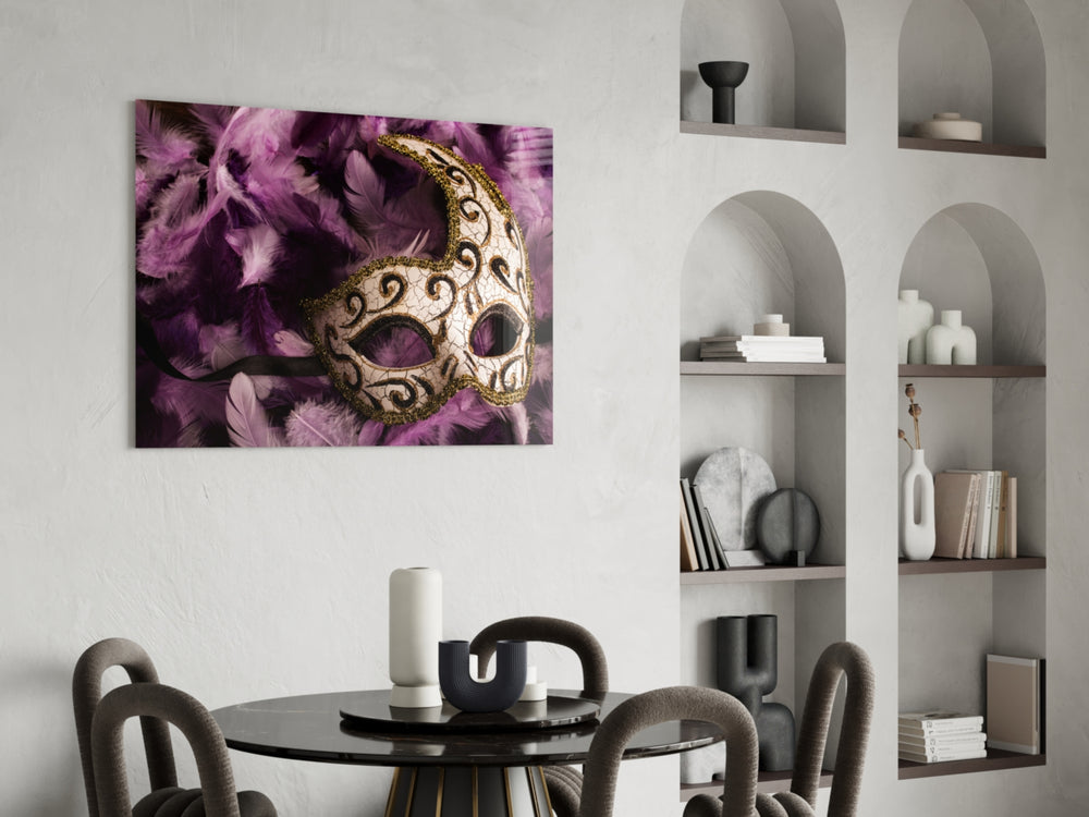 Venetian Mask glass print enhancing a bar area with carnival flair