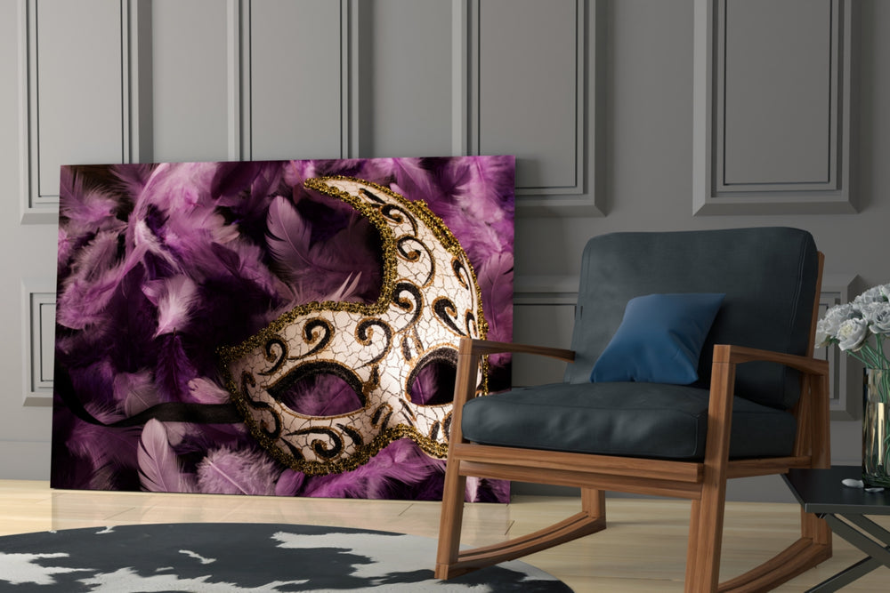 Venetian Mask artwork anchoring a dressing suite with jewelled tone