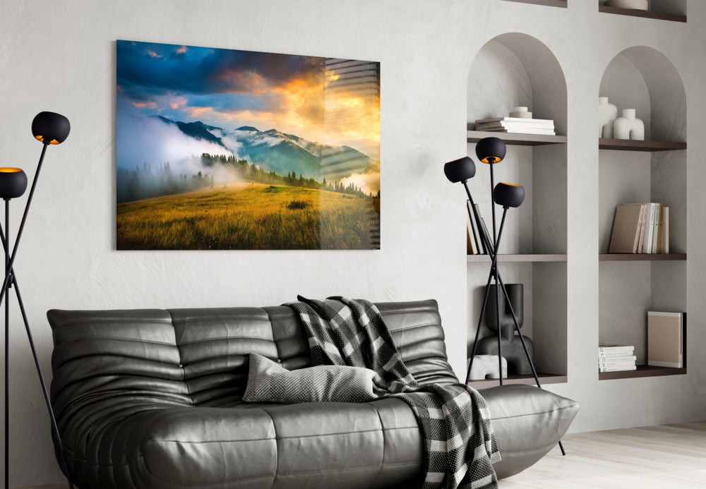 Mountain panel adding sunrise calm to a bedroom