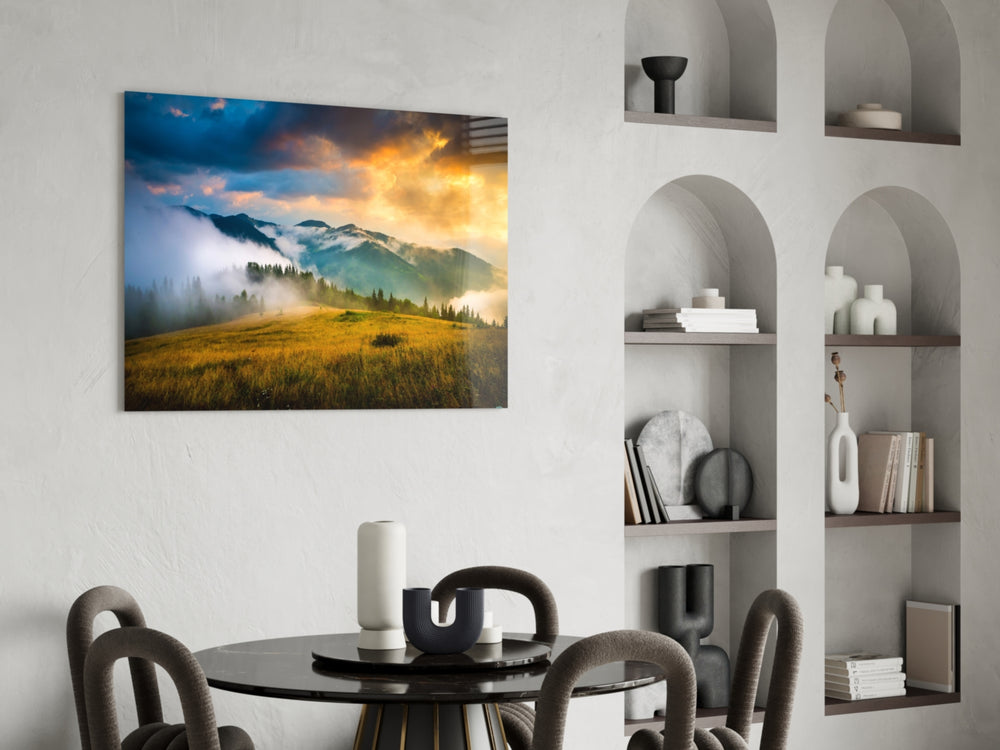 Mountain glass print enhancing a home office with expansive mood