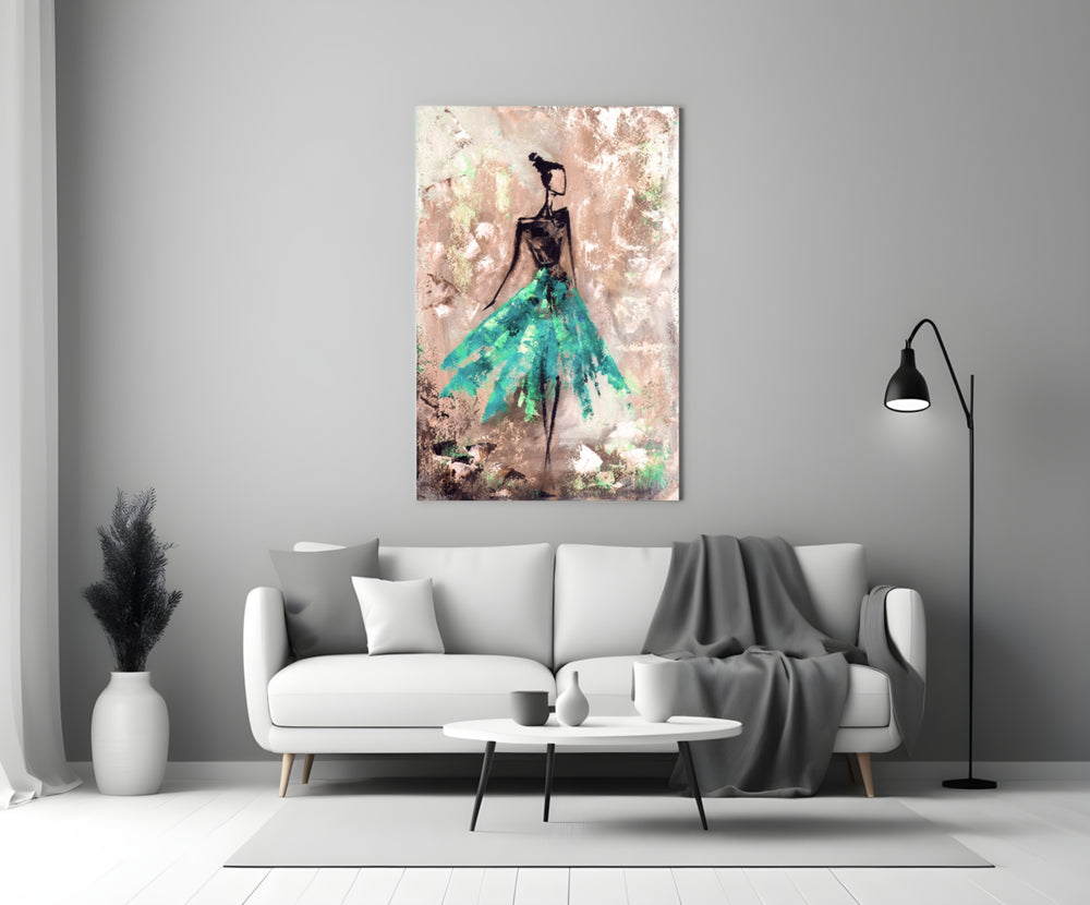 Female glass wall art styled above a vanity in a fashion-forward dressing area