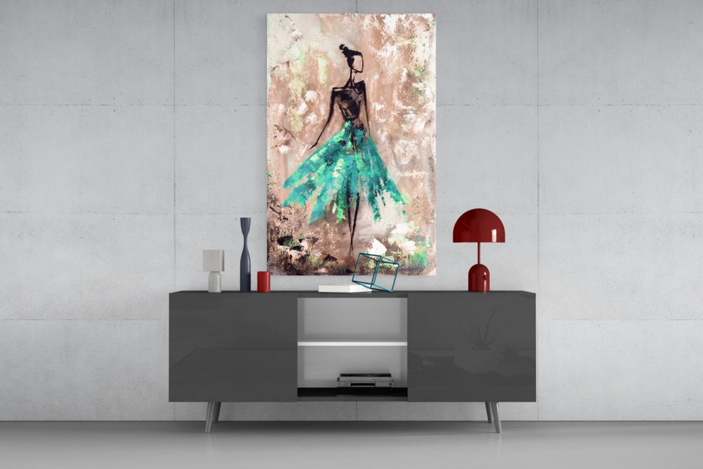 Fine art illustration – graceful female silhouette in flowing teal green gown with abstract painterly brushwork on warm textured background