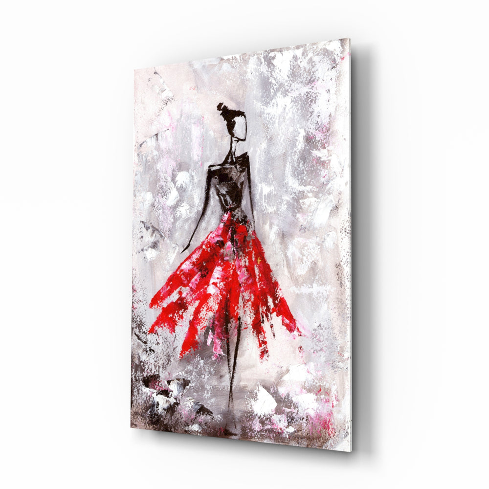 Red fashion illustration panel bringing bold energy to a contemporary living space