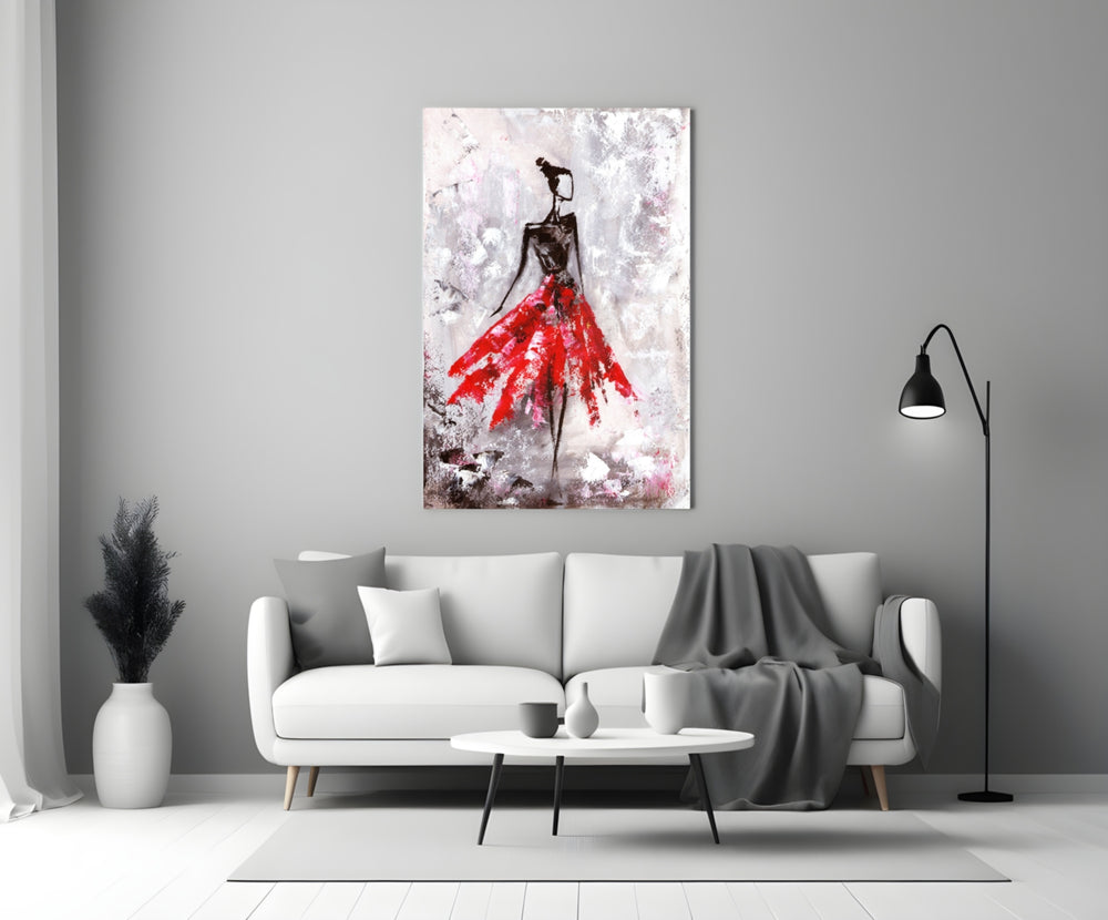 Female glass wall art styled above a vanity in a dressing area