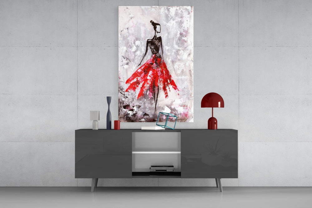 Fine art illustration – abstract female silhouette in flowing red dress with expressive brushwork on distressed grey and white background