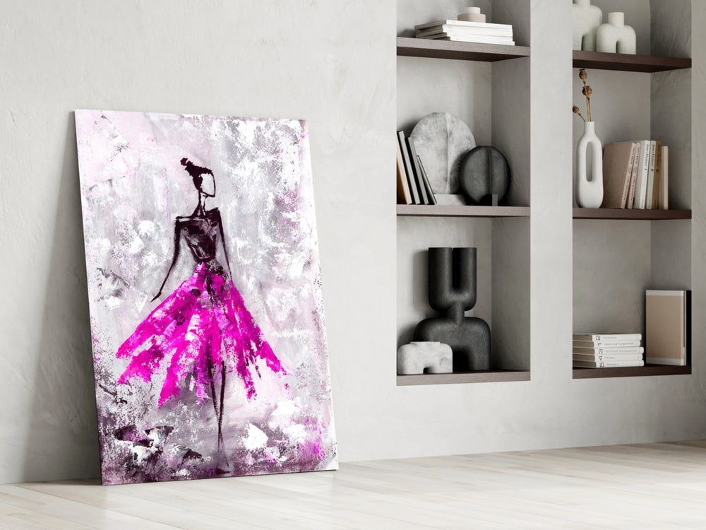 Woman artwork anchoring a lounge with mural character