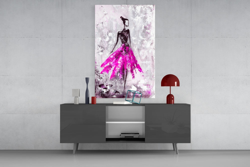 Fine art illustration – abstract female silhouette in bold hot pink flowing dress with expressive brushwork on textured grey background