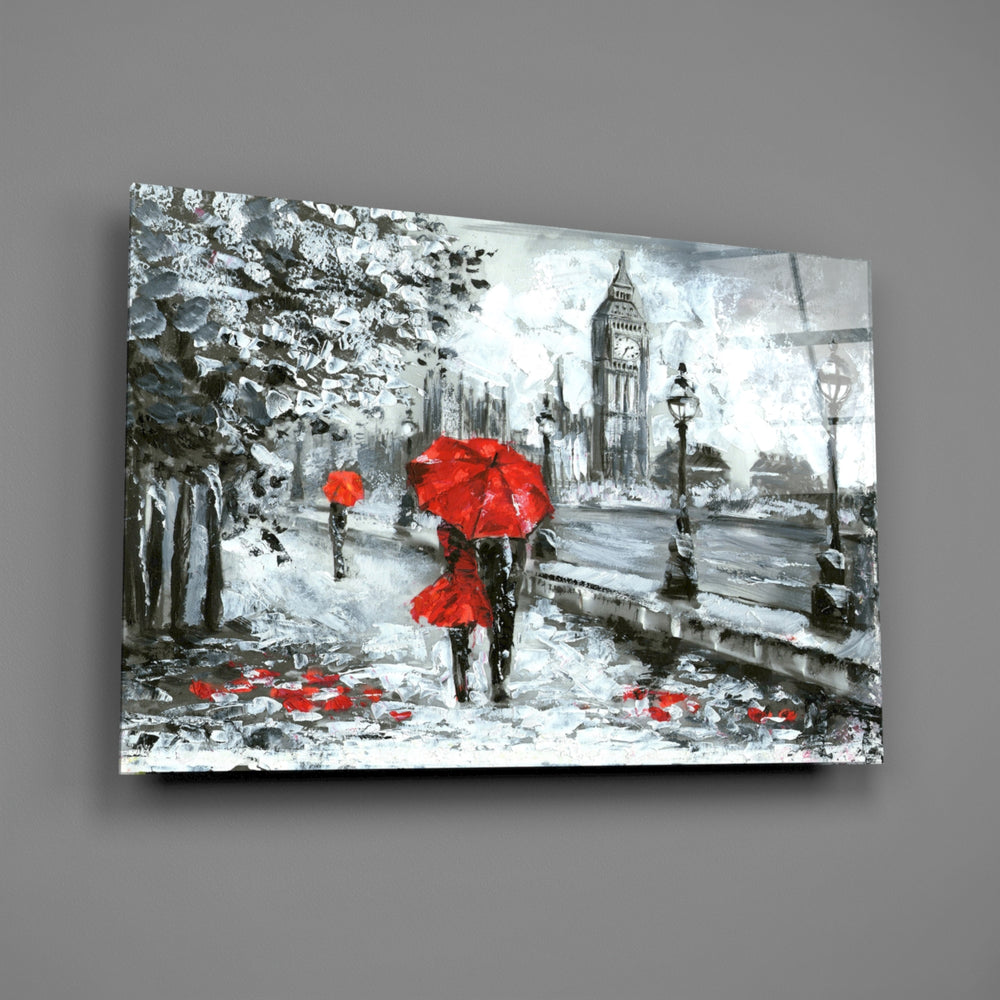 Close-up detail of the couple with red umbrellas and Big Ben in oil strokes