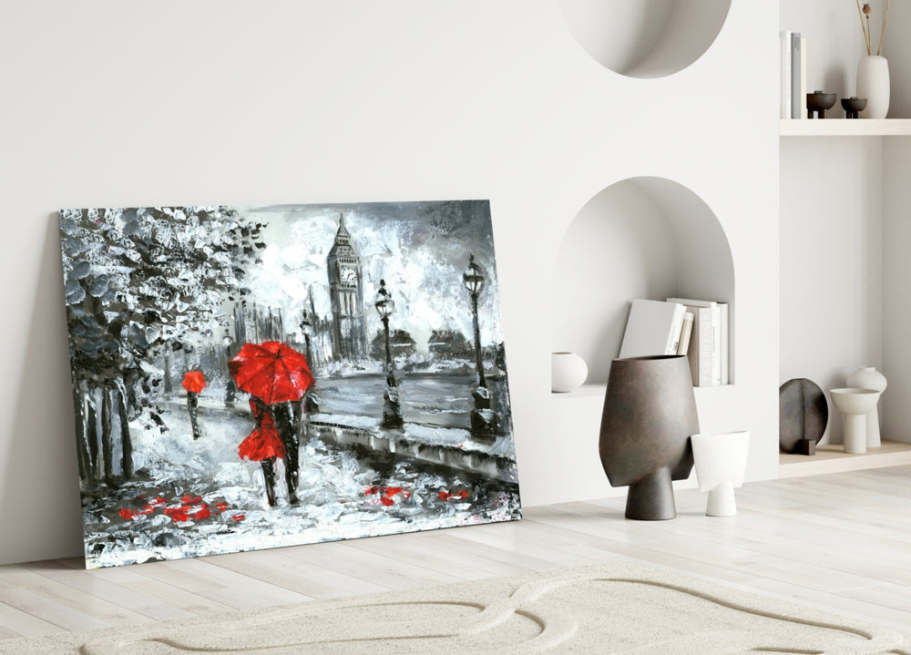London glass wall art styled above a sofa in a literary living room