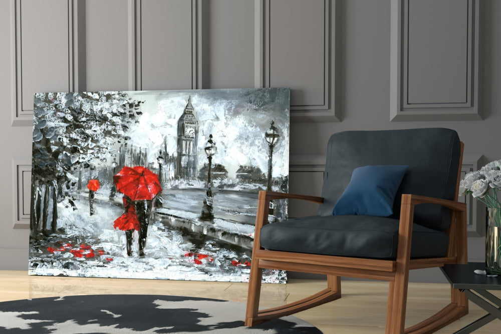 London artwork above a dining table with rain-day mood