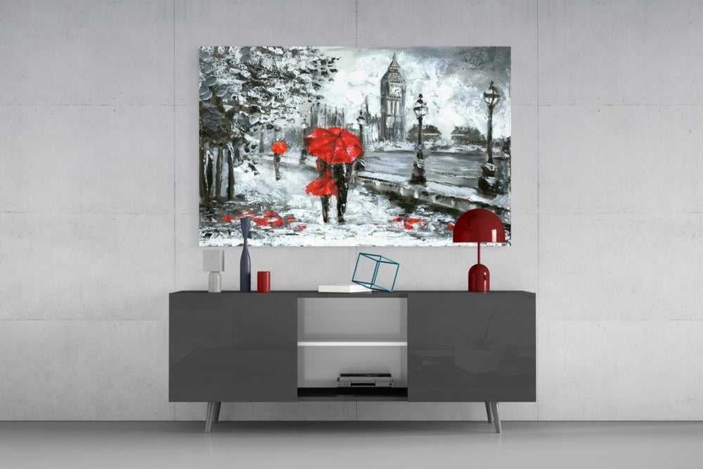 Fine art oil painting – couple sharing red umbrella on rain-soaked London riverside street with monochrome Big Ben and street lamps