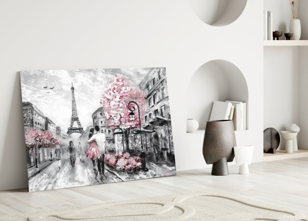 Paris glass wall art styled above a bed in a dreamy bedroom