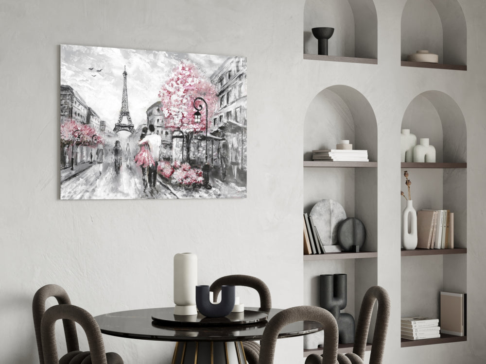 Paris glass print enhancing a dining area with springtime warmth