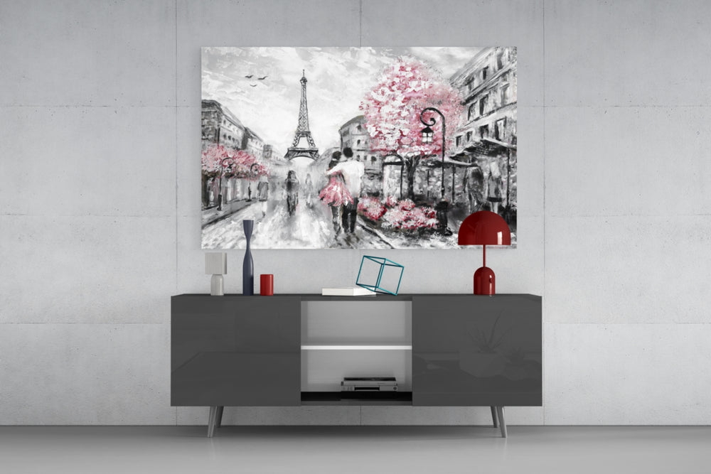Fine art oil painting – romantic couple on Parisian street with Eiffel Tower, pink cherry blossom trees and ornate street lamps