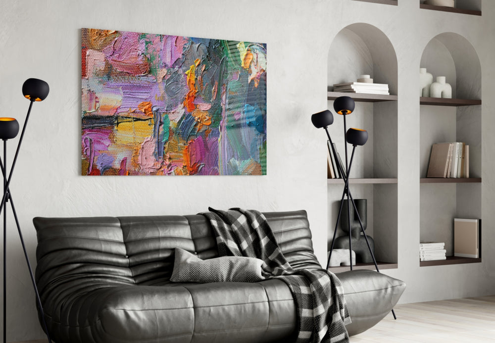 Abstract panel anchoring a studio with expressive color