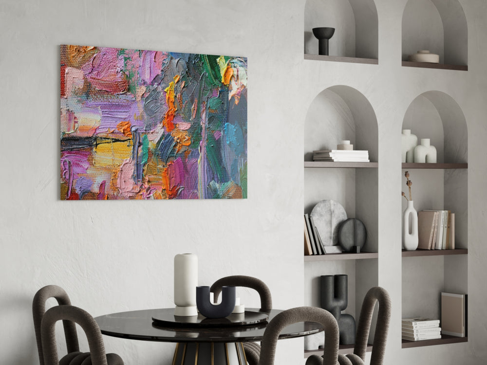 Abstract glass print enhancing a dining corner with painterly warmth