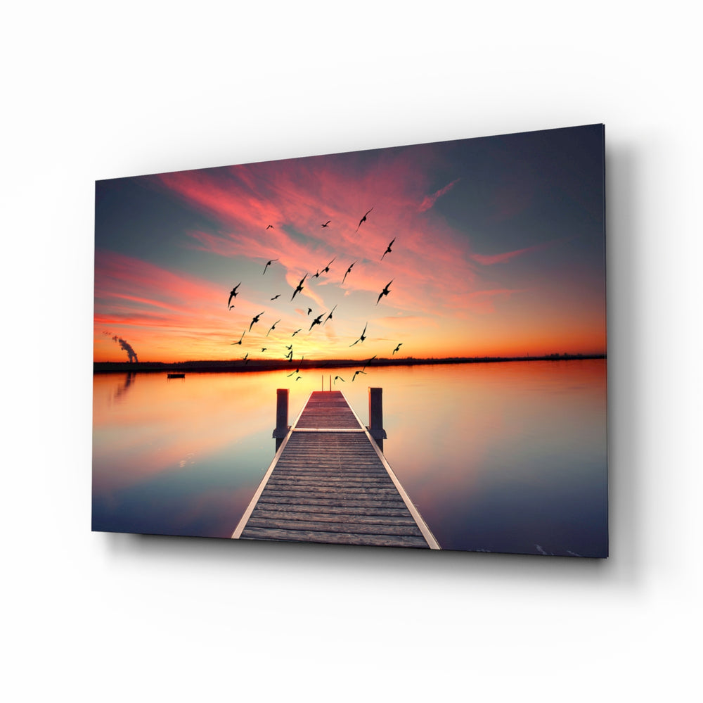 Sunset dock with birds panel bringing drama to a contemporary living space