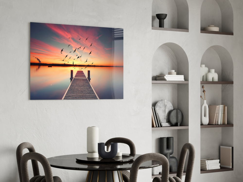 Dock glass print enhancing a dining area with dramatic calm