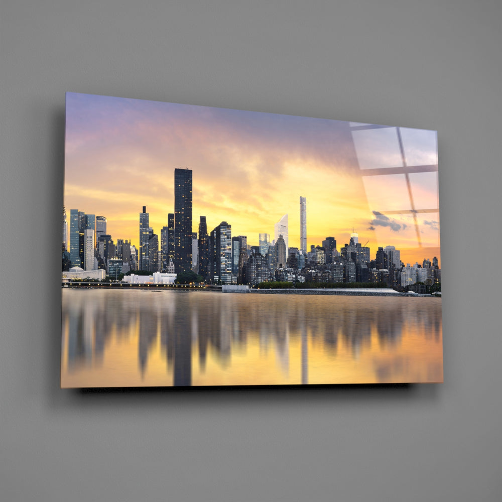 Close-up detail of the Manhattan skyline at sunset with reflection