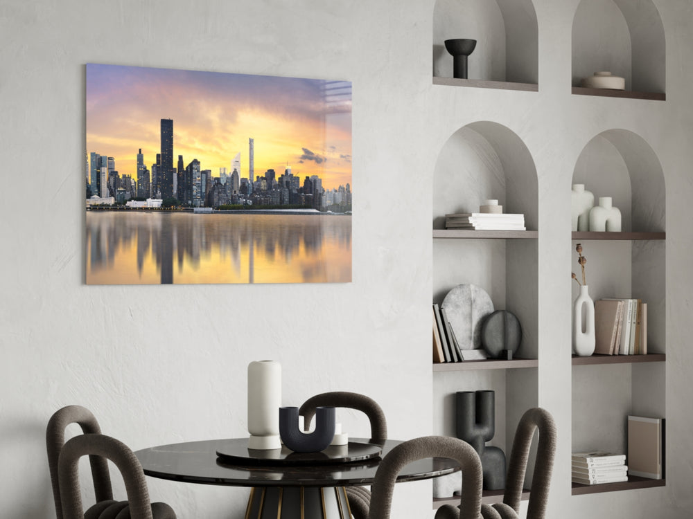 Downtown glass print enhancing a hallway with New York presence
