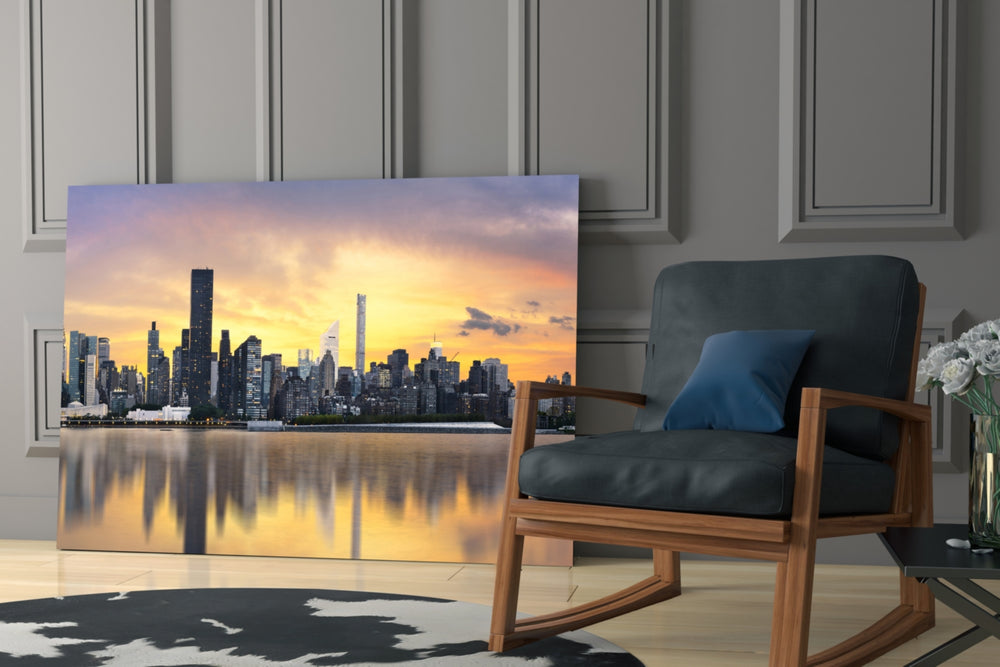 Downtown artwork above a dining table with skyline drama