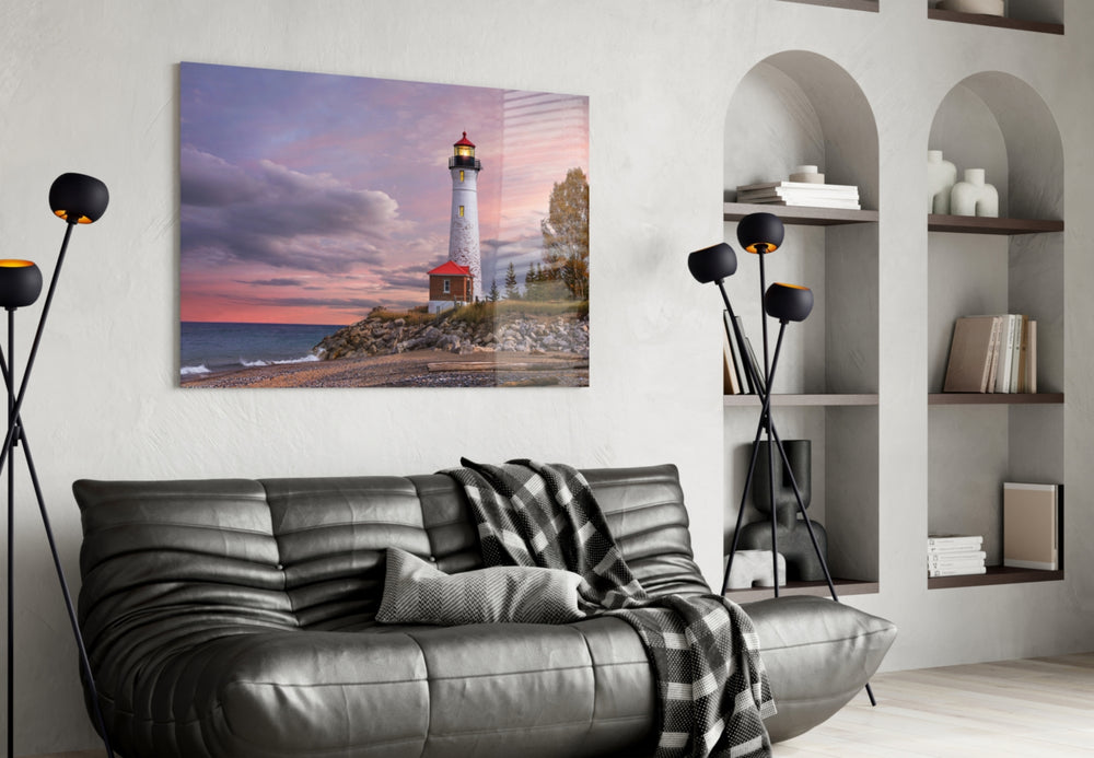 Lighthouse panel adding evening travel mood to a living room