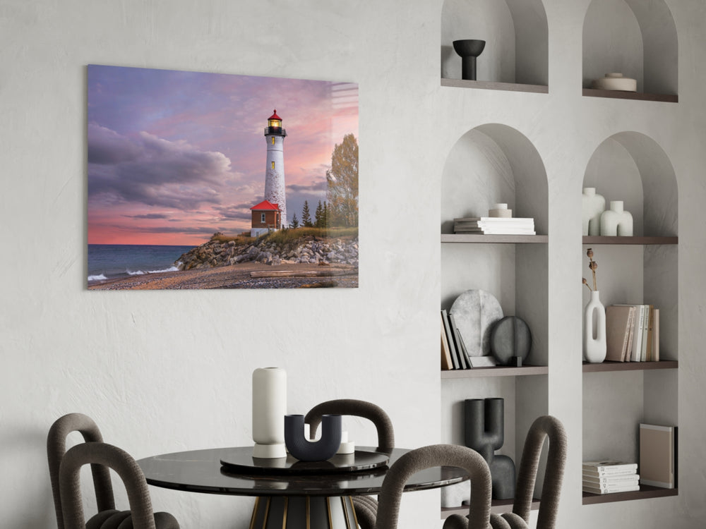 Lighthouse glass print enhancing a hallway with pastel warmth