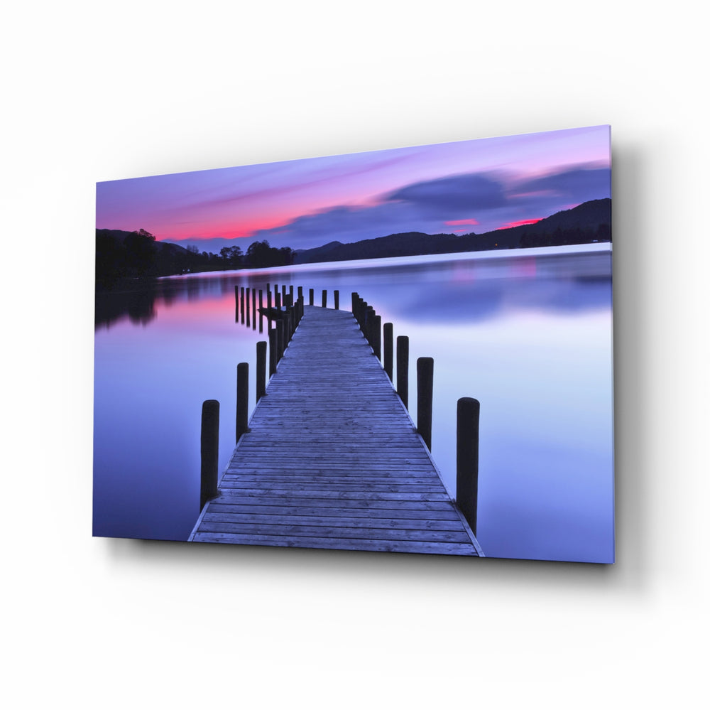 Twilight lake dock panel bringing restful calm to a contemporary living space