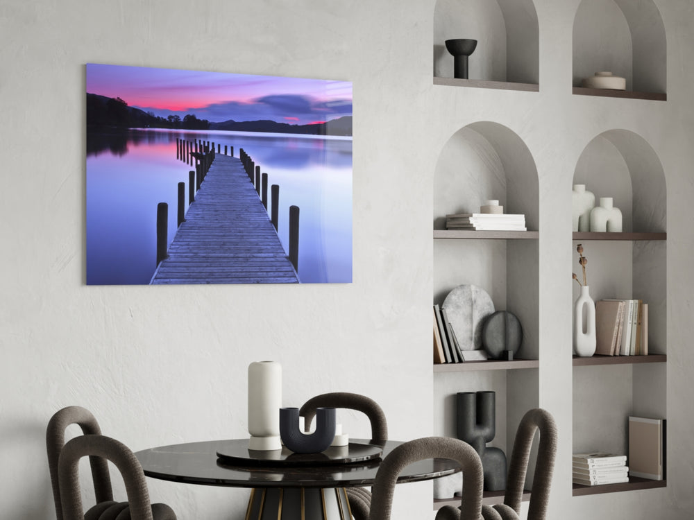 Dock glass print enhancing a hallway with twilight warmth